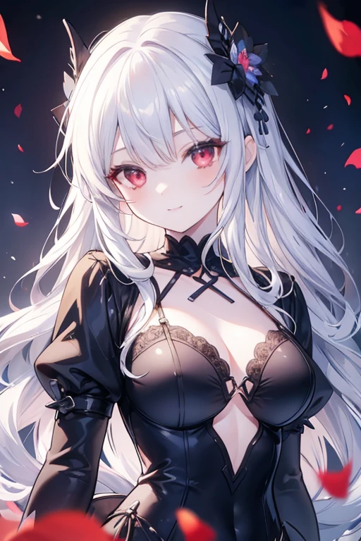8K, masterpiece, best quality, best resolution, highly detailed, a young girl, vampire, anime style, official art, upper body, big , straight view, focus on eyes, tilted head, medium hair, wavy hair, silver hair , bangs, light smile, beautiful and detailed eyes, red eyes, beautiful and detailed face, short dress, blue sky, flower petals