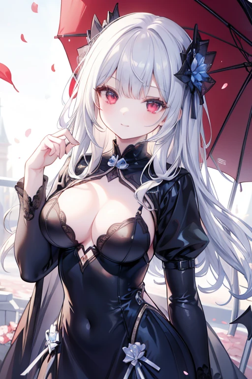 8K, masterpiece, best quality, best resolution, highly detailed, a young girl, vampire, anime style, official art, upper body, big , straight view, focus on eyes, tilted head, medium hair, wavy hair, silver hair , bangs, light smile, beautiful and detailed eyes, red eyes, beautiful and detailed face, short dress, blue sky, flower petals