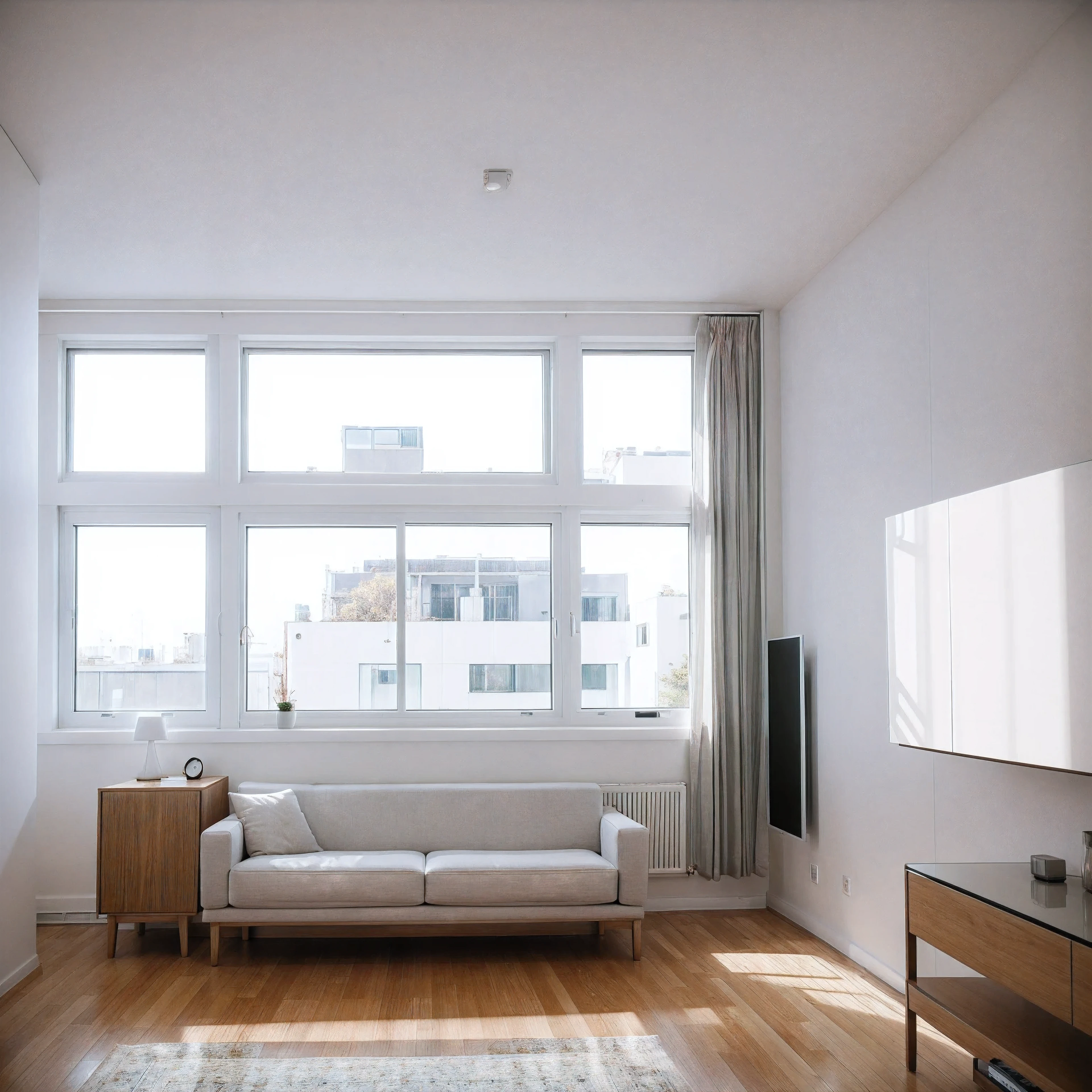 Highest quality,masterpiece,interior design,unmanned,Modern Style,living room,window,Daytime,sunlight、studio、Apartment、The walls are white、There is nothing in the room