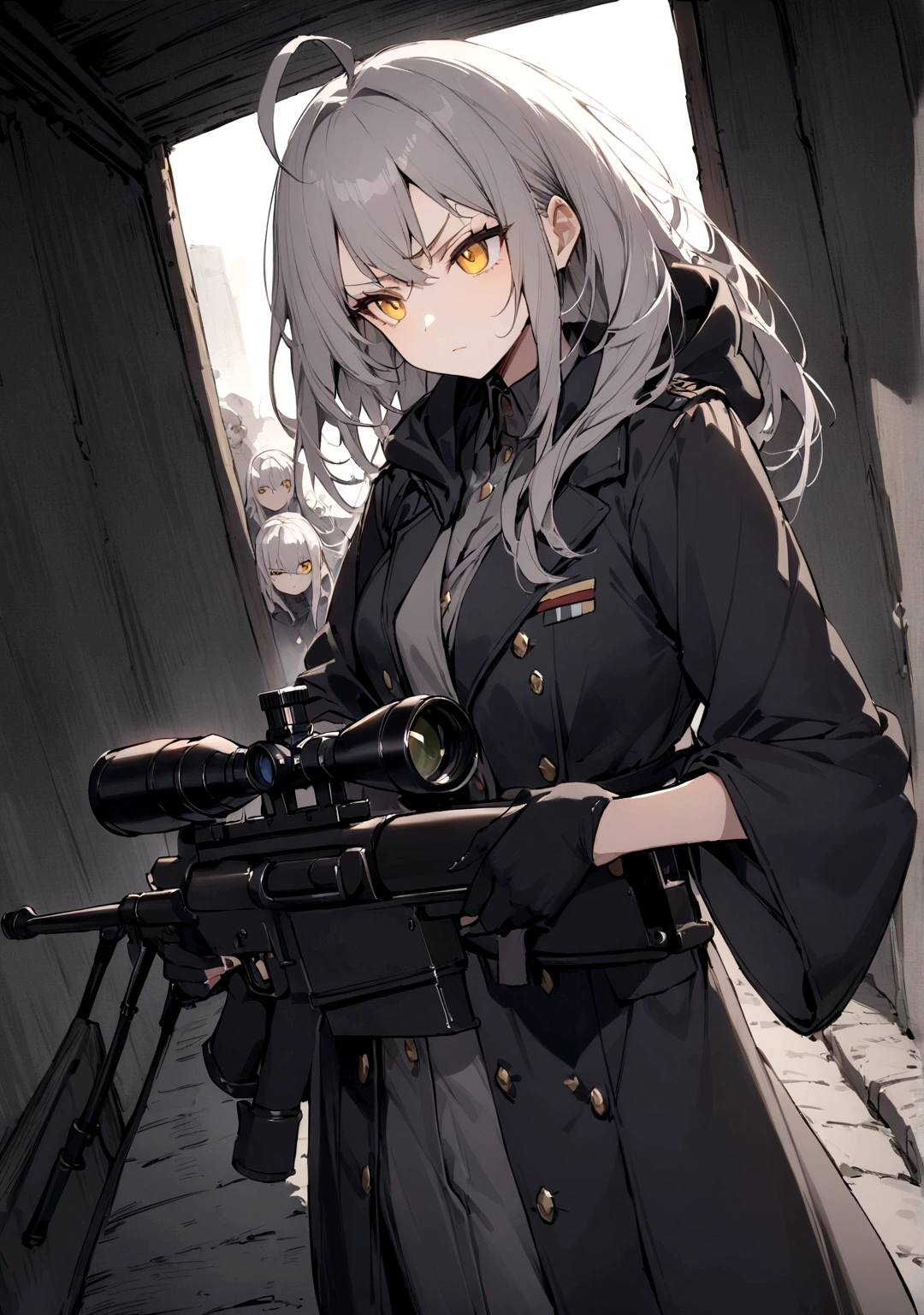 Gun on shoulder、(masterpiece, best quality:1.2), 1girl, 独奏,Black military uniform、Looking through the scope、Point your gun at us、Grey long hair、Ahoge、Yellow Eyes、Ready your gun?、sniper rifle、Background of military bases、Fisheye Lens、battlefield、Shadows of light and darkness、Expressionless、Grim face、anger、battle、A black hoodie over a grey trench coat、