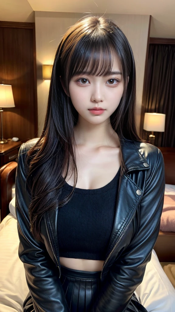 masterpiece, best quality, illustration, Super detailed, fine details, High resolution, 8K,wall paper, perfect dynamic composition, front view, upper body, Upper body only, 18 year old girl, Gravure Idol, cute type, (Details High quality, realistic depiction of eyes:1.3), revealing clothes, straight hair, bangs, black hair color, Dark makeup, Big Natural Color Lip, perfect body shape, plump figure, beautiful clavicle, Black leather jacket, Knit sweater that goes all the way down to the neck, pleated skirt, hotel room