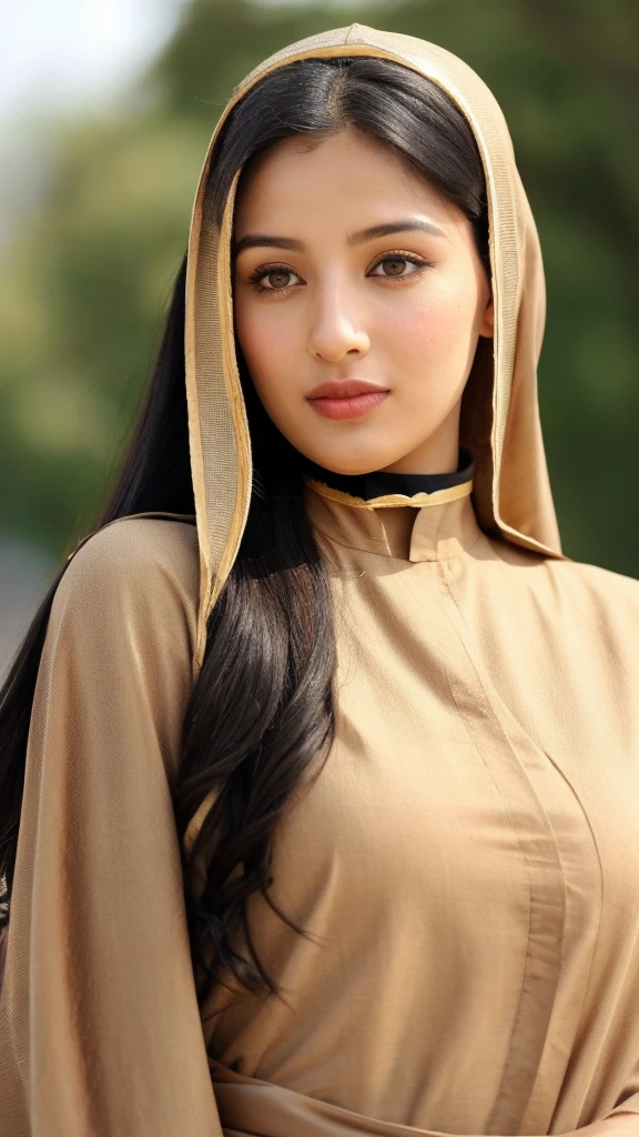 a arabian female face, she are neutral, have a long black hair, arabic tan, type arabic, 