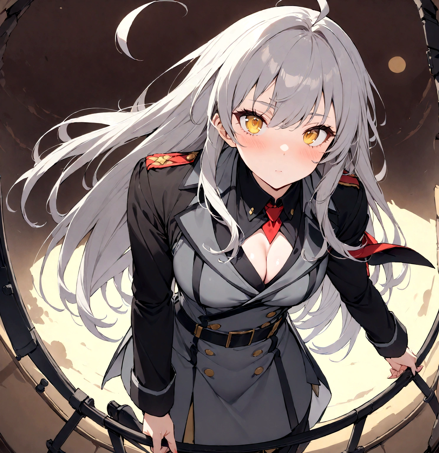 Secret Societies、propaganda、(masterpiece, best quality:1.2),Expressionless、 1girl, 独奏,Black military uniform、Grey long hair、Ahoge、Yellow Eyes、Ready your gun?、sniper rifle、Background of military bases、Fisheye Lens(masterpiece, best quality:1.2),Expressionless、 1girl, 独奏,Black military uniform、Grey long hair、Ahoge、Yellow Eyes、Ready your gun?、sniper rifle、Background of military bases、Fisheye Lens