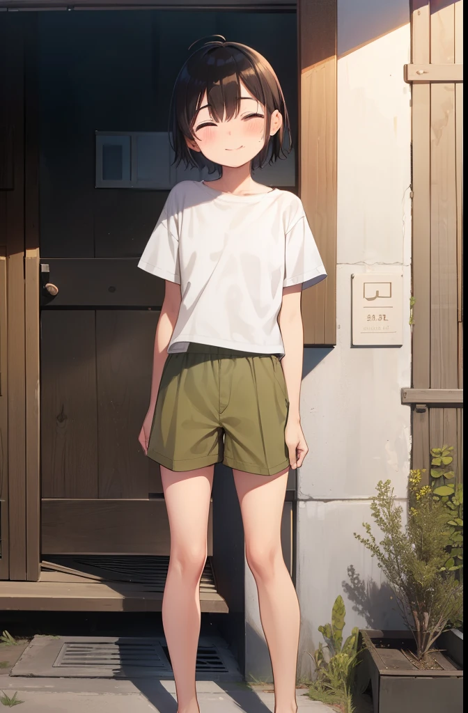 shrine,Are standing,Put your hands behind your back,close your eyes,1 tiny ,short hair,Black Hair,blush,White T-shirt,Olive green shorts,barefoot,White skin,summer,From below,shy,Sweat,Open your mouth,sun,Wet,