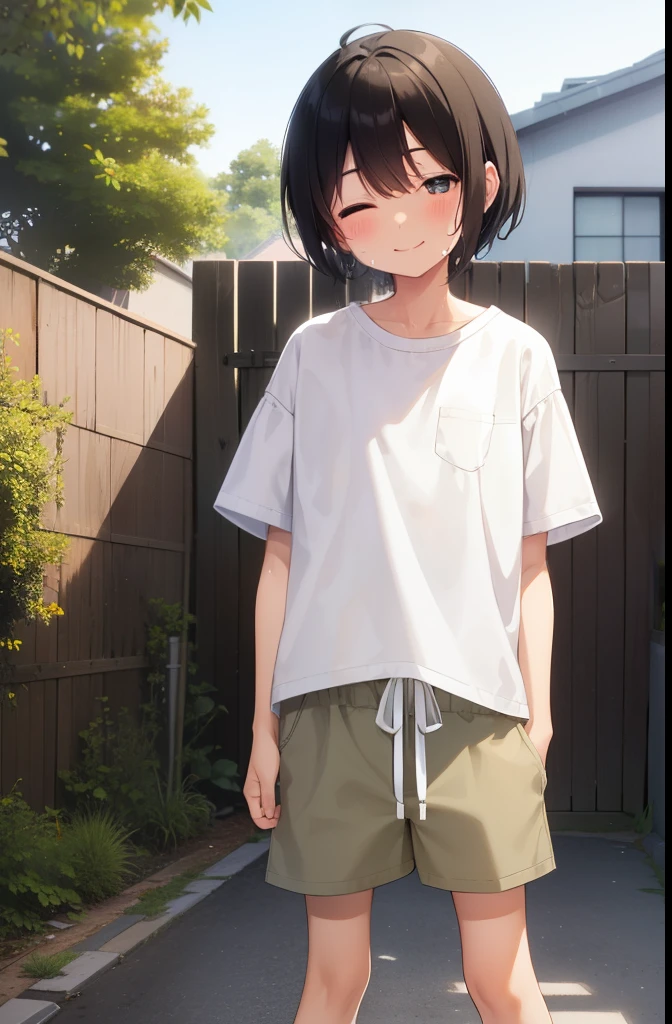 Residential Street,smile,Are standing,Put your hands behind your back,Yandere's Eye,1 ,boyish.Two-block shorthair,Black Hair,blush,White T-shirt,Olive green shorts,Brown Sandals,White skin,summer,From below,Open your hands,shy,Sweat,Open your mouth,