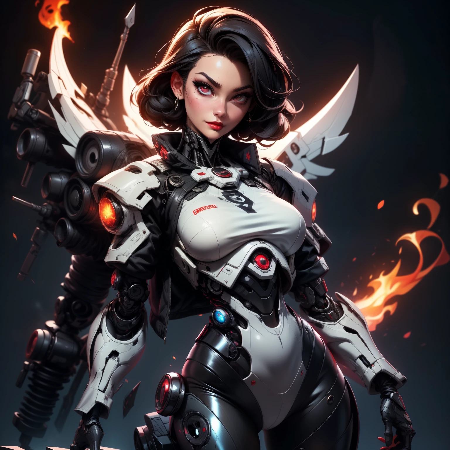 (by Loish, Leyendecker, james gilleard), A full body shot of a young goth woman, short black curly hair, slightly smiling, one raised eyebrow, wearing a black metal cyborg suit , red lips, dark eye makeup, dark future battlefield background, ,heavy_jacket,Fire Angel Mecha