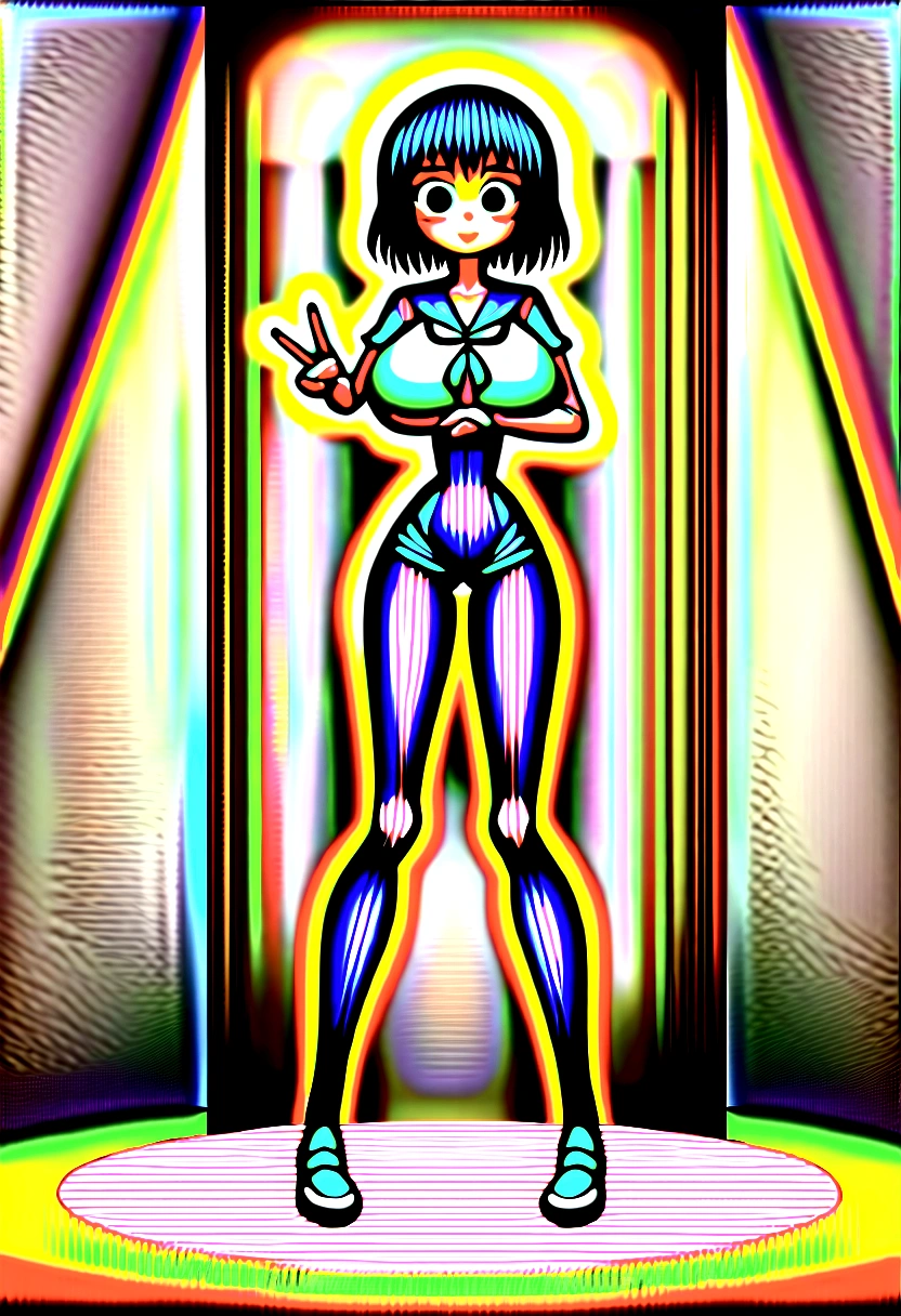 (masterpiece, best quality:1.2), front shot, 1girl, kawaii, (super big breasts, micro waist, very long legs:1.4), Black hair, short bob hair, short height, scrawny and thin body, Light Skin, cute big eyes, cute beautiful thin face, cute smile, serafuku, pigeon-toed, wet and sweaty, visible ribs, V sign, Trembling