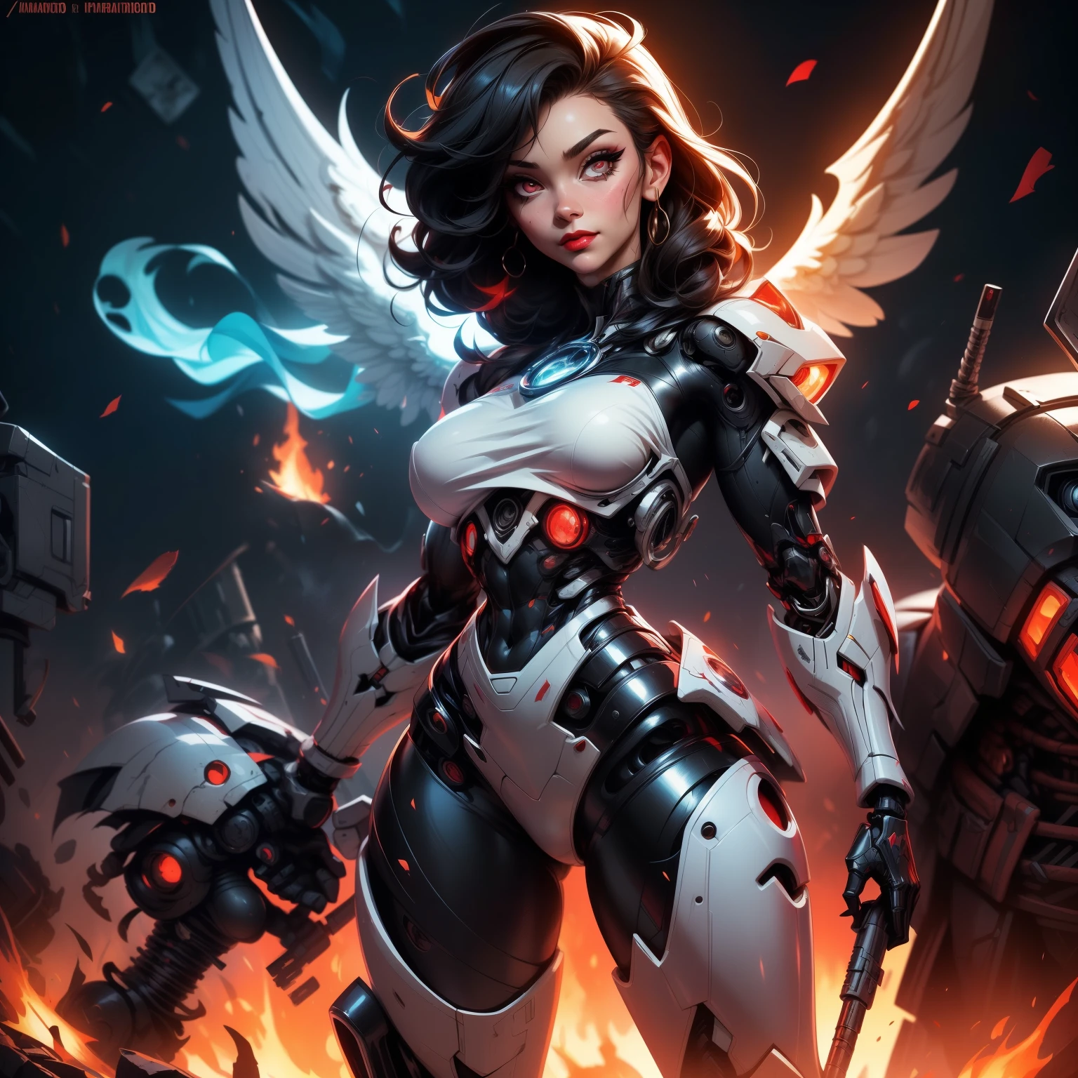 (by Loish, Leyendecker, james gilleard), A full body shot of a young goth woman, short black curly hair, slightly smiling, one raised eyebrow, wearing a black metal cyborg suit , red lips, dark eye makeup, dark future battlefield background, ,heavy_jacket,Fire Angel Mecha
