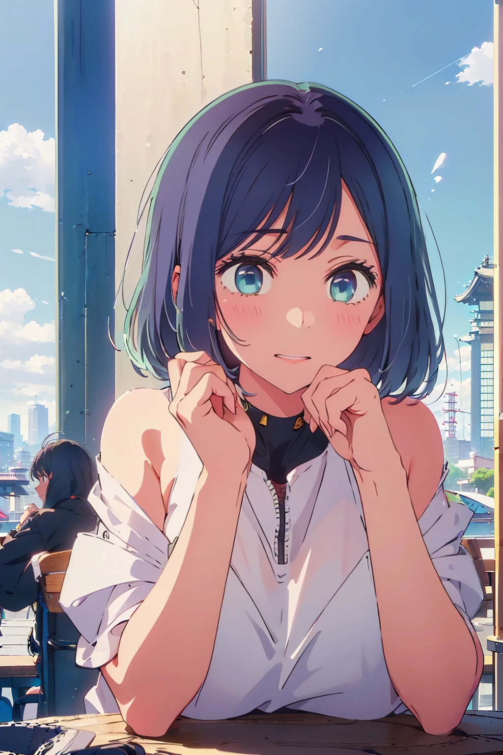(Highest quality:1.4、8K:1.4、detailed)、F cup bust、Big Breasts、Slim body、Very white beautiful skin、((((1 person、Surprised expression、sit、Chair、In the background are the urban buildings of Tokyo、looking at the camera、Outdoor café terrace、Navy hair color、juice、Shooting up close、Shooting from an angle、table、Very cute face))))、((((nude、very beautiful areola))))、(Hand touching cheek pose:1.4、Cheek resting on hand:1.4)、Off-the-shoulder blouson、Black blouson with zipper、Very blue sky、A completely cloudless sky、Sunburn mark