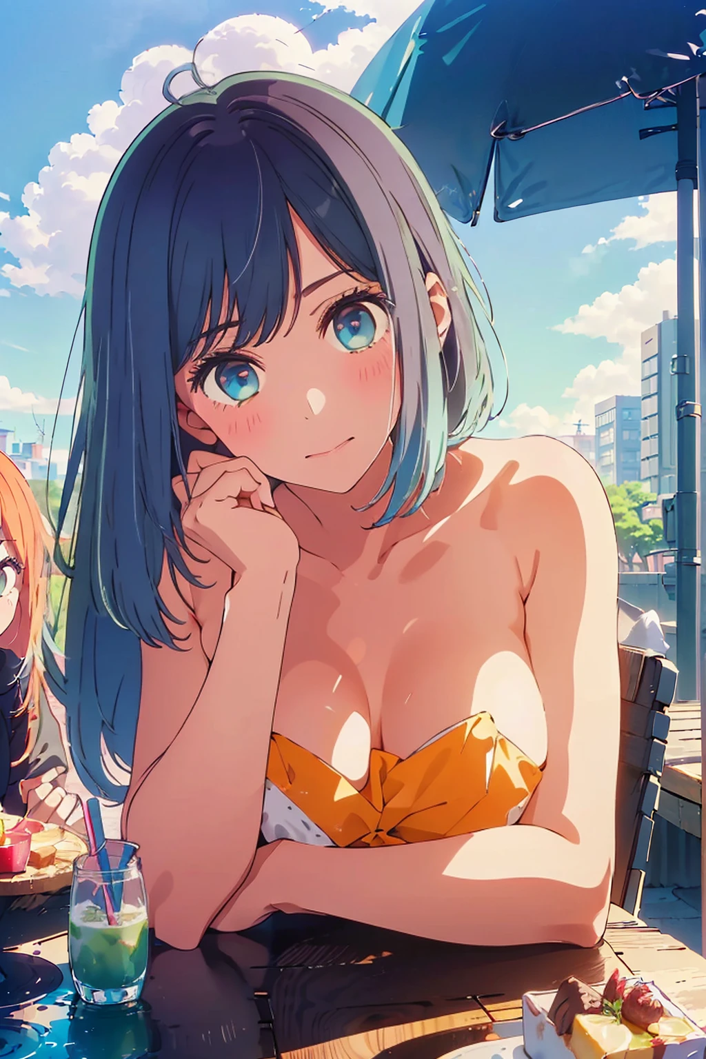 (Highest quality:1.4、8K:1.4、detailed)、F cup bust、Big Breasts、Slim body、Very white beautiful skin、((((1 person、Surprised expression、sit、Chair、In the background are the urban buildings of Tokyo、looking at the camera、Outdoor café terrace、Navy hair color、juice、Shooting up close、Shooting from an angle、table、Very cute face))))、((((nude、very beautiful areola))))、(Hand touching cheek pose:1.4、Cheek resting on hand:1.4)、Off-the-shoulder blouson、Black blouson with zipper、Very blue sky、A completely cloudless sky、Sunburn mark
