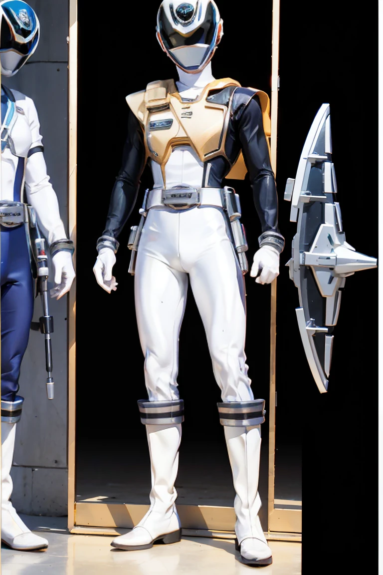 1boy, white, full body, Illustration, cinematic light, high resolution, best quality, ultra detailed, masterpiece, power suit, powerranger, suit, spd, (white ranger suit)), gold detail