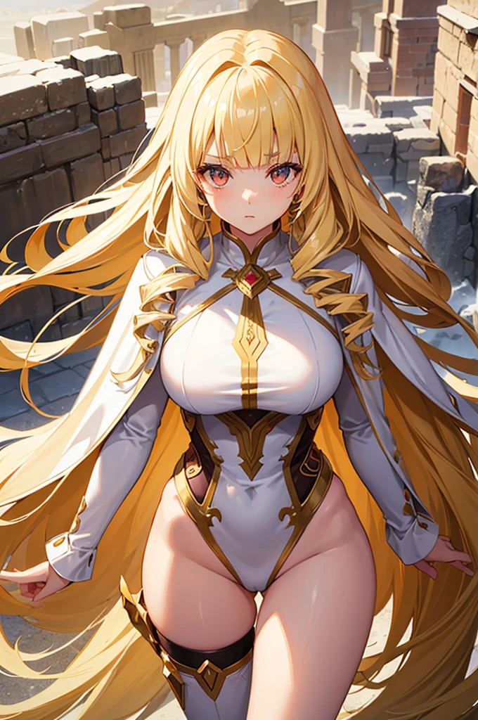 Perfect human body modeling, 1girl, pretty face, blunt bangs, Long hair, drill hair, twin drills, blonde hair, shiny hair, glow eyes, jitome, brown eyes, tsurime, white skin, huge breasts, Short body, Western-style fantasy, RPG, Rocky mountains, desert, Red cape, Golden knight, Golden large sword, 