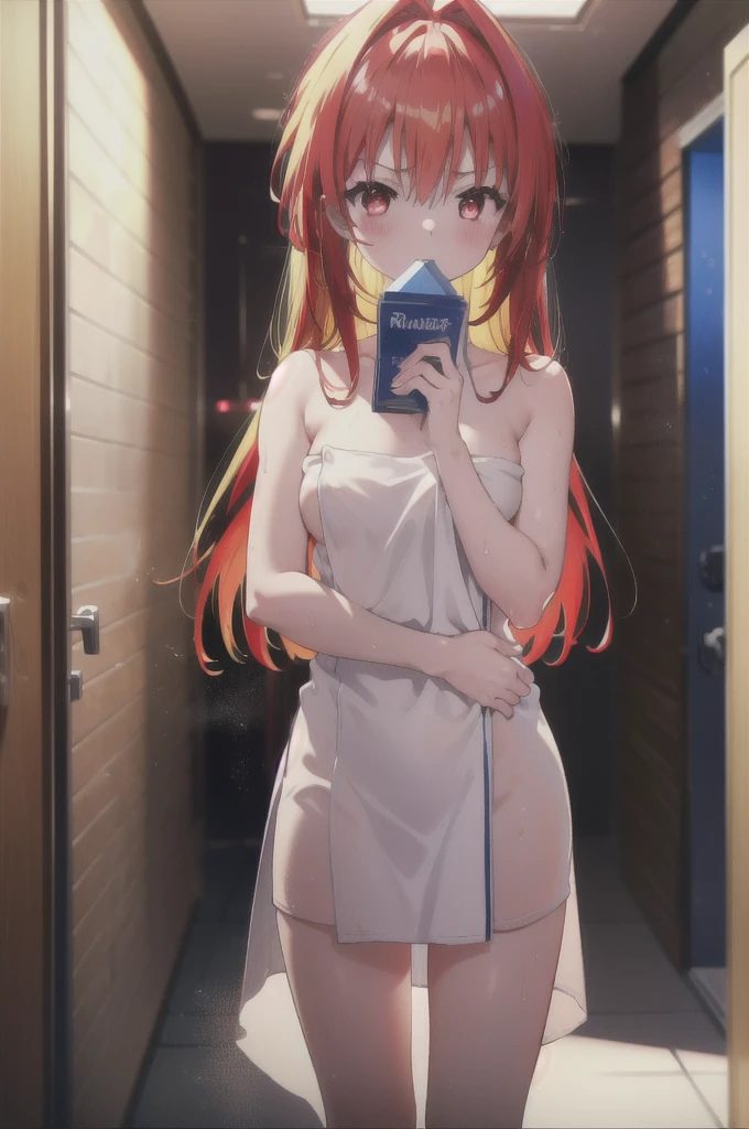 toloverumy, my, Yellow Hair, Long Hair, (Red eyes:1.5),  Wet Skin,Wet Hair,blush,angry,Small breasts,
Completely naked, Open your mouth,Damp Hair,cover your naked body with a バス towel,whole bodyがイラストに入るように,
break indoors, Bathroom　Entrance,
break looking at viewer, whole body,
break (masterpiece:1.2), Highest quality, High resolution, unity 8k wallpaper, (figure:0.8), (Beautiful attention to detail:1.6), Highly detailed face, Perfect lighting, Highly detailed CG, (Perfect hands, Perfect Anatomy),