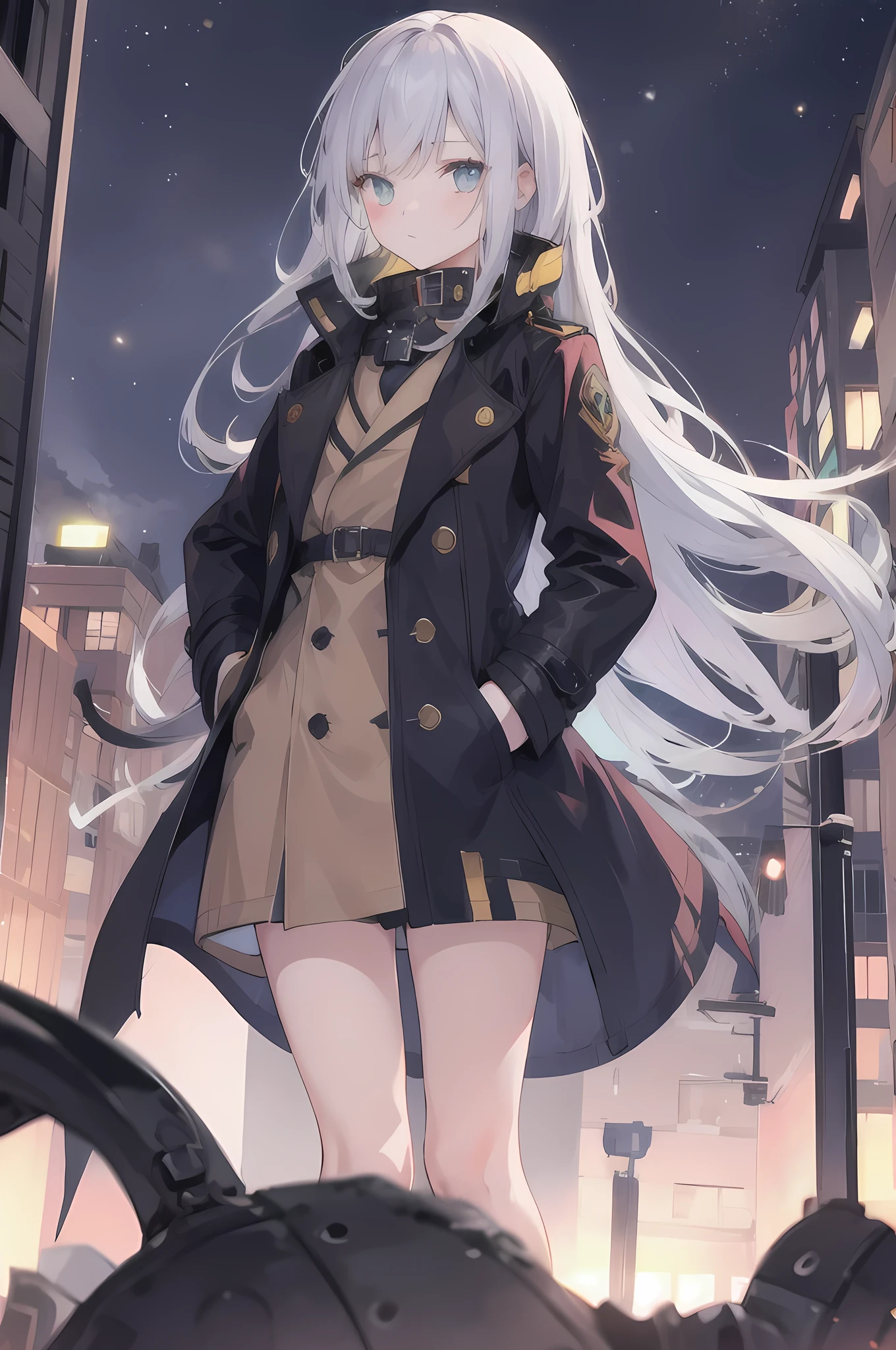 1 girl,nighttime city,Raby,trench coat,hands in pockets