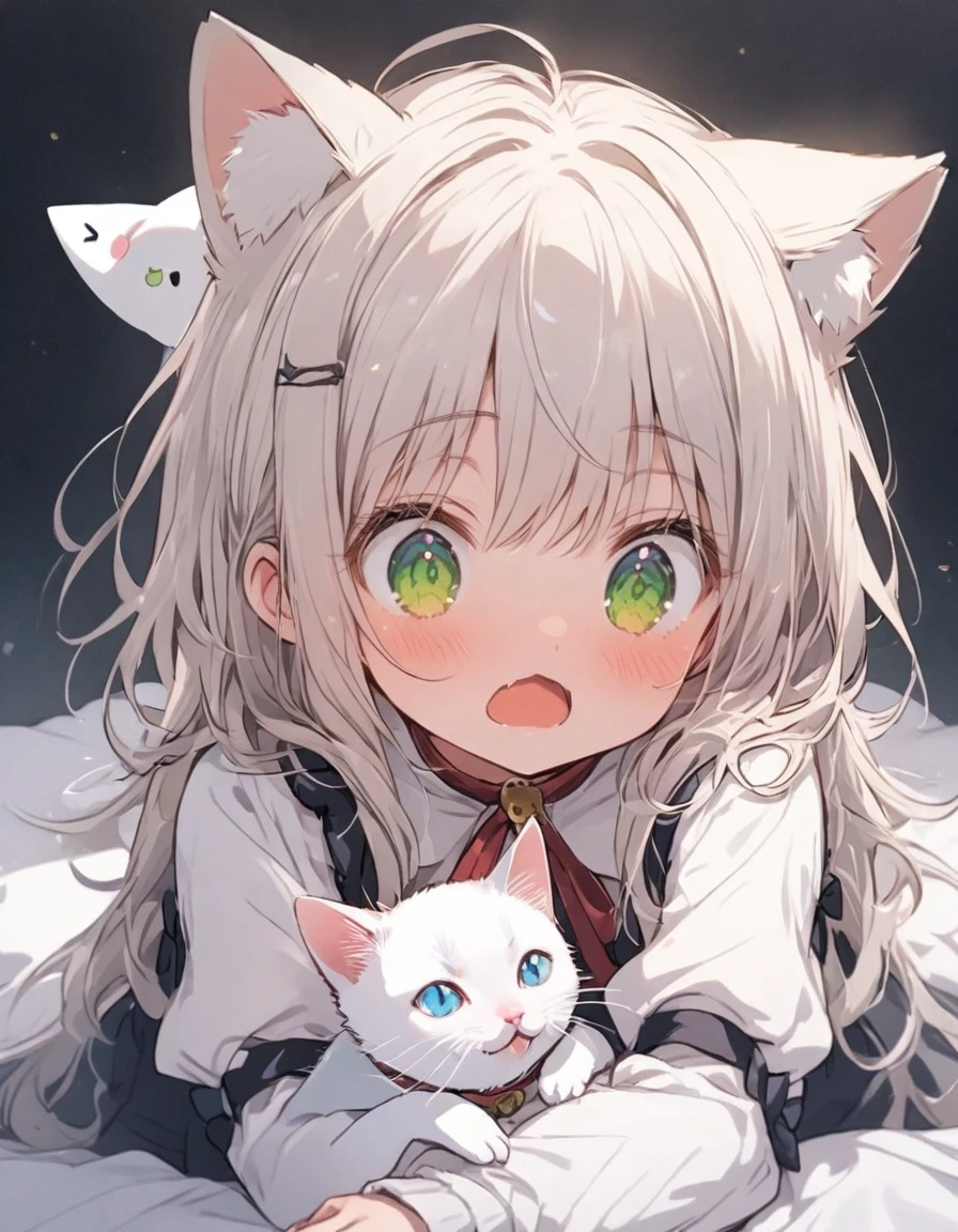 white_hair white_cat_ear　Droopy eyes　mild　cute_girl cat ears　Cat mouth　green_eye　Moe sleeves