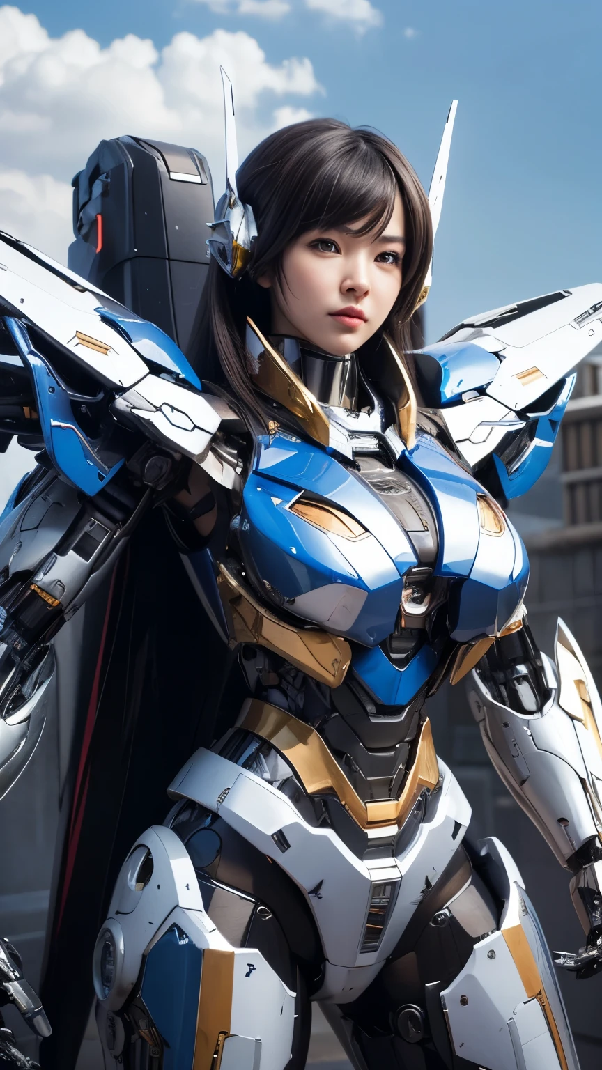 Textured skin, Super Detail, high details, High quality, Best Quality, hight resolution, 1080p, hard disk, Beautiful,(Super Heroine),(Mecha Queen),Oppai Missile,beautiful cyborg woman,Mecha Cyborg Girl,Battle Mode,Girl with a Mecha Body,She wears a battle cyborg mech with a weapon,Fulll body Shot