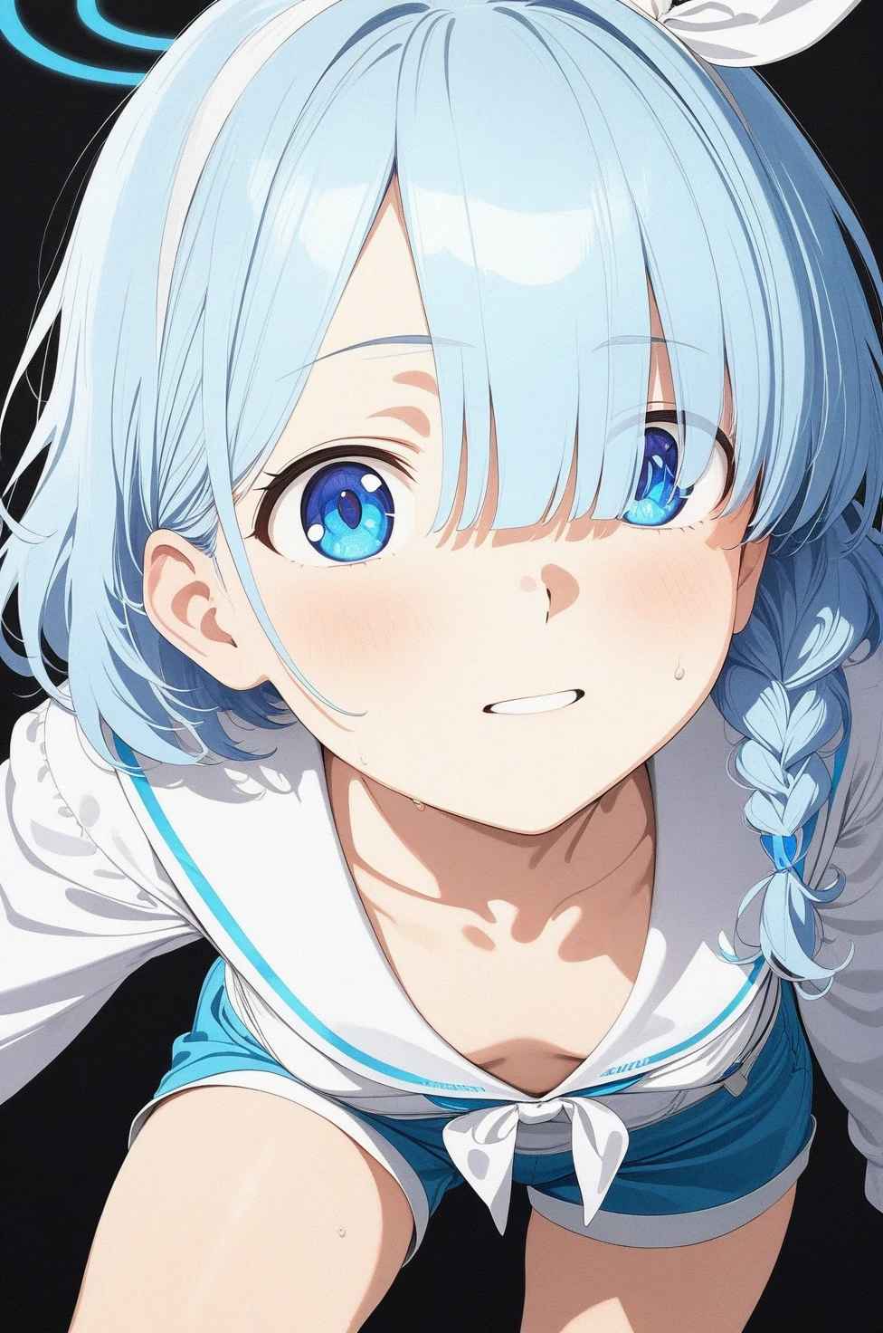 best quality, amazing quality, very aesthetic, absurdres, 1girl, arona (blue archive), blue archive, blue eyes, shorts, (artist official art:1.5), (from above), (realistic face), (narrowed eyes), (cowboy shot), ), panties, (thigh), expressive eyes, perfect face, 4k, extremely detailed anime illustration, extremely detailed eyes, enhanced details, perfect anatomy, light rays, photo background, extremely delicate body, smooth skin, feminine expression, (black background:1.5), cristal clear eyes, beautiful face,