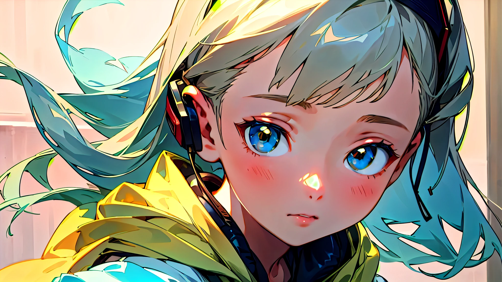 Russian child girl blonde long hair straight, put on headset and change into a cyberpunk yellow coat but do not change the face --auto --s2