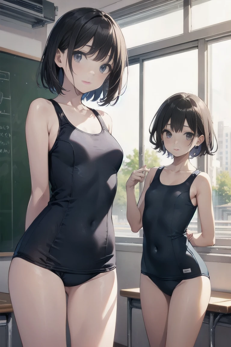 high quality、最high quality、Ultra-high resolution、Slender beauty、School Swimsuit、short hair、Embarrassed look、Droopy eyes
