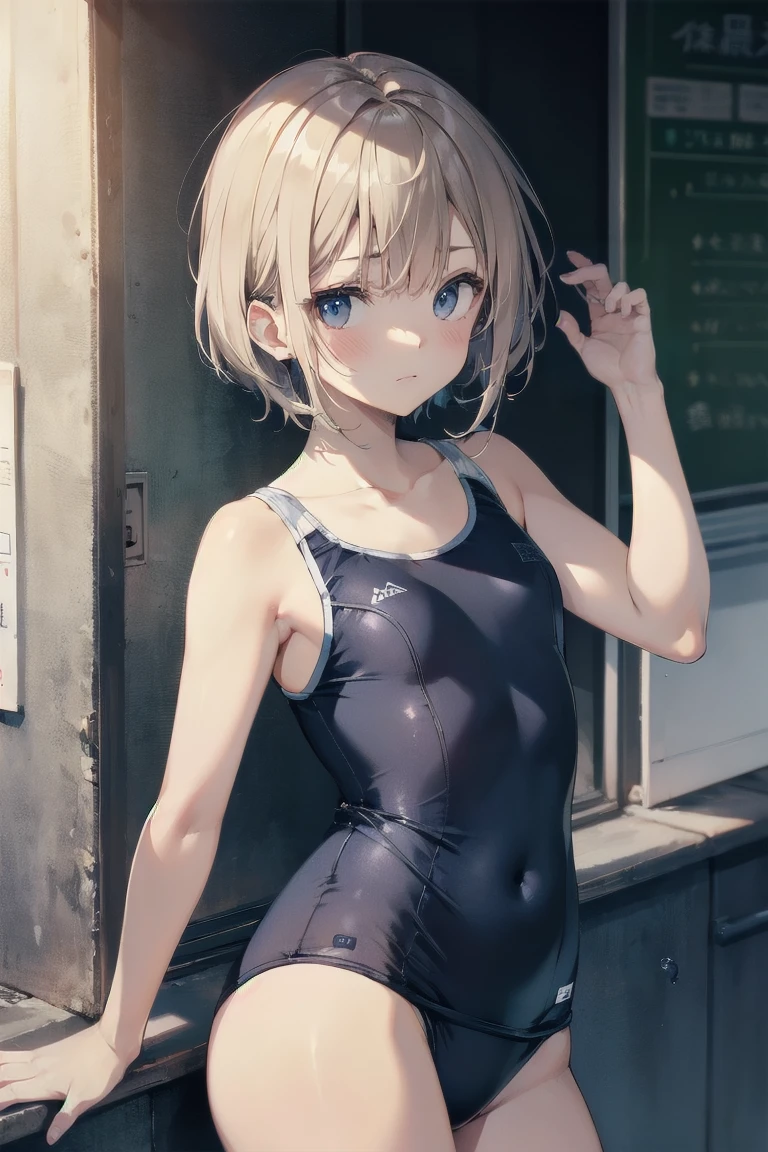 high quality、最high quality、Ultra-high resolution、Slender beauty、School Swimsuit、short hair、Embarrassed look、Droopy eyes