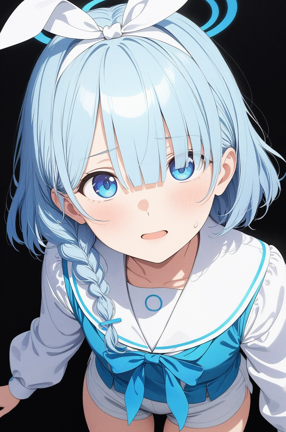 best quality, amazing quality, very aesthetic, absurdres, 1girl, arona (blue archive), blue archive, blue eyes, shorts, (artist official art:1.5), (from above), (realistic face), (narrowed eyes), (cowboy shot), ), panties, (thigh), expressive eyes, perfect face, 4k, extremely detailed anime illustration, extremely detailed eyes, enhanced details, perfect anatomy, light rays, photo background, extremely delicate body, smooth skin, feminine expression, (black background:1.5), cristal clear eyes, beautiful face,
