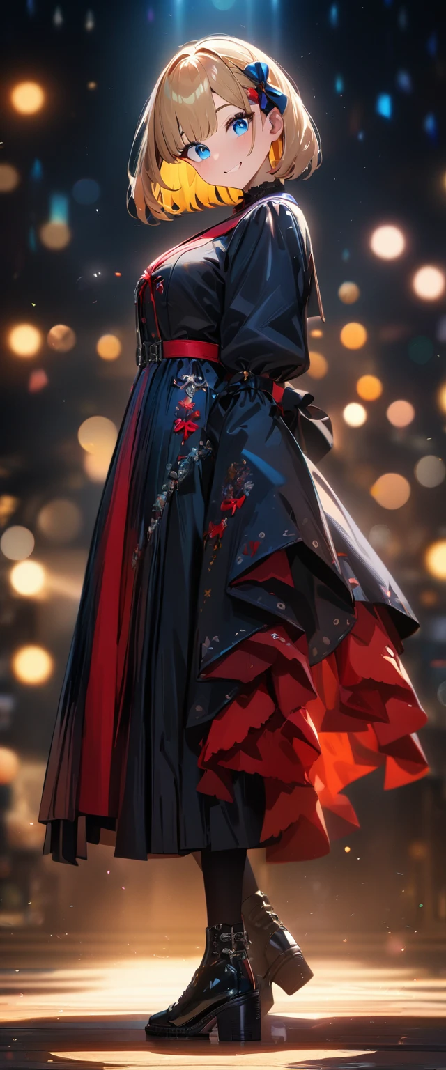 (((One girl))), Shibuya, streat, blond hair, bob cut, (looking at viewer), (((full body))), breasts, ager, head tilt:1.3, (((blue eye))), constricted pupils, (from side:1.3), ((happy smile)), gothic loli.3, hair ornament, hair ribbon, anime style, (best quality, 4k, 8k, highres, masterpiece:1.2, ultra-detailed, ultra-detailed eyes, HDR, UHD, studio lighting, ultra-fine painting, sharp focus, physically-based rendering, extreme detail description, professional, vivid colors, bokeh)