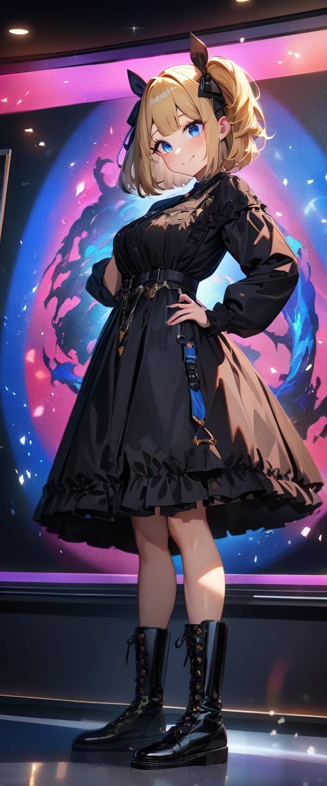 (((One girl))), Shibuya, streat, blond hair, bob cut, (looking at viewer), (((full body))), breasts, teenager, head tilt:1.3, (((blue eye))), constricted pupils, (from side:1.3), ((happy smile)), gothic lolita:1.3, hair ornament, hair ribbon, anime style, (best quality, 4k, 8k, highres, masterpiece:1.2, ultra-detailed, ultra-detailed eyes, HDR, UHD, studio lighting, ultra-fine painting, sharp focus, physically-based rendering, extreme detail description, professional, vivid colors, bokeh)