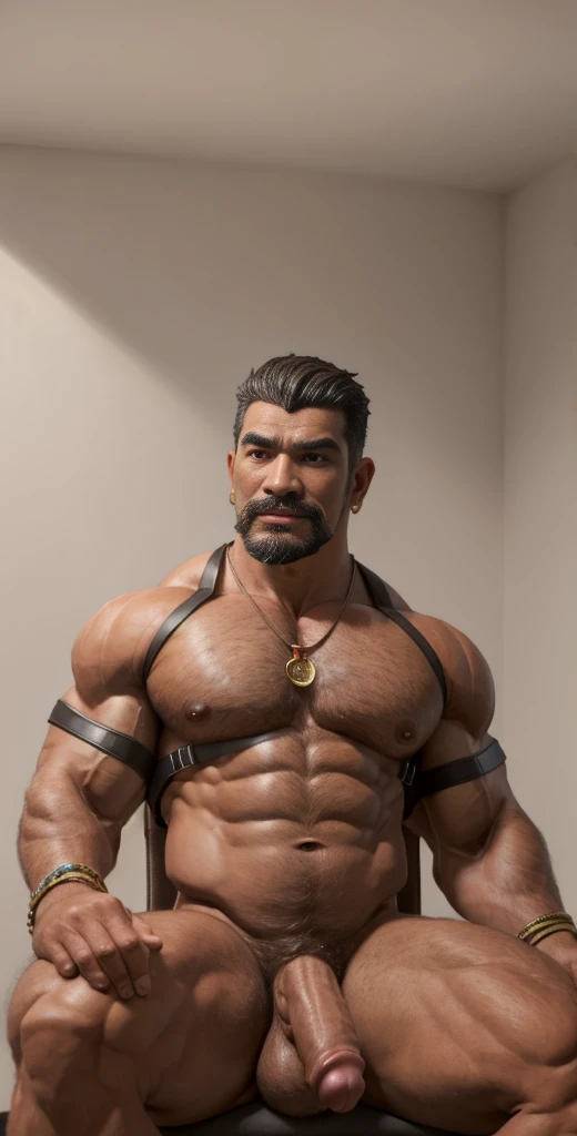 (masterpiece, intricately detailed, highest resolution, best quality:1.2),a cocky Gabriel Reyes male model,a 80 y.o muscle dad with a muscular physique sitting on a chair with black eyes,dark-skinned male, huge beard, mutton- chops, wearing chest harness, bracelets, necklace, jewelry, flaccid penis,saggy balls,hairy chest,vascular,muscle striations,soft light,fantastic realism,