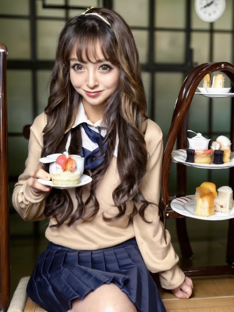 masterpiece,best quality,higher, Super sexy super cute Japanese girl、Hot, erotic and sexy lips、Big eyes、Drooping eyearilyn (ASİAN,(brown race),dark skin,Dark brown, loosely wavy llong hair,1girl,NDGE、ponytail、Super big、sexual excitement、(((Japanese school girl uniform、High-end cafe、Afternoon tea)))、(((Super big)))Cute smile