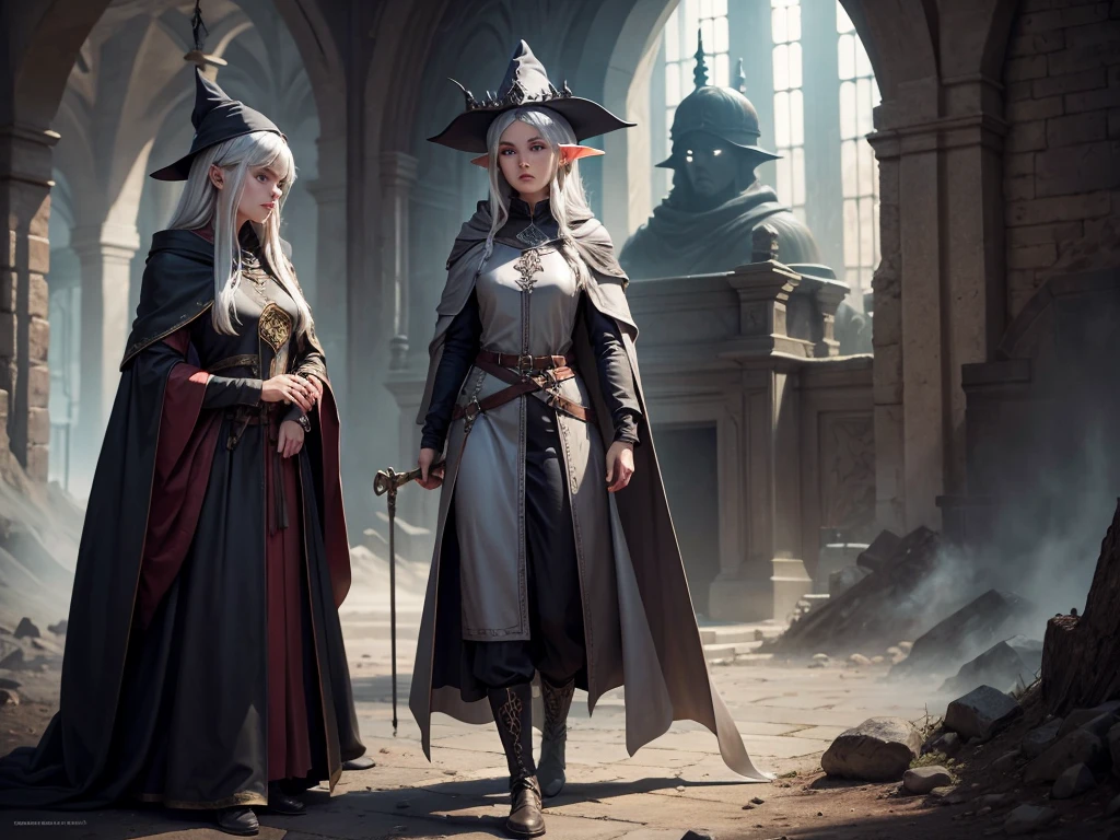 medieval setting, full view of body, 1 female elf mage,beatiful smokey eyes, silver hair, black mage robe with gambeson, wizard hat, leather boots