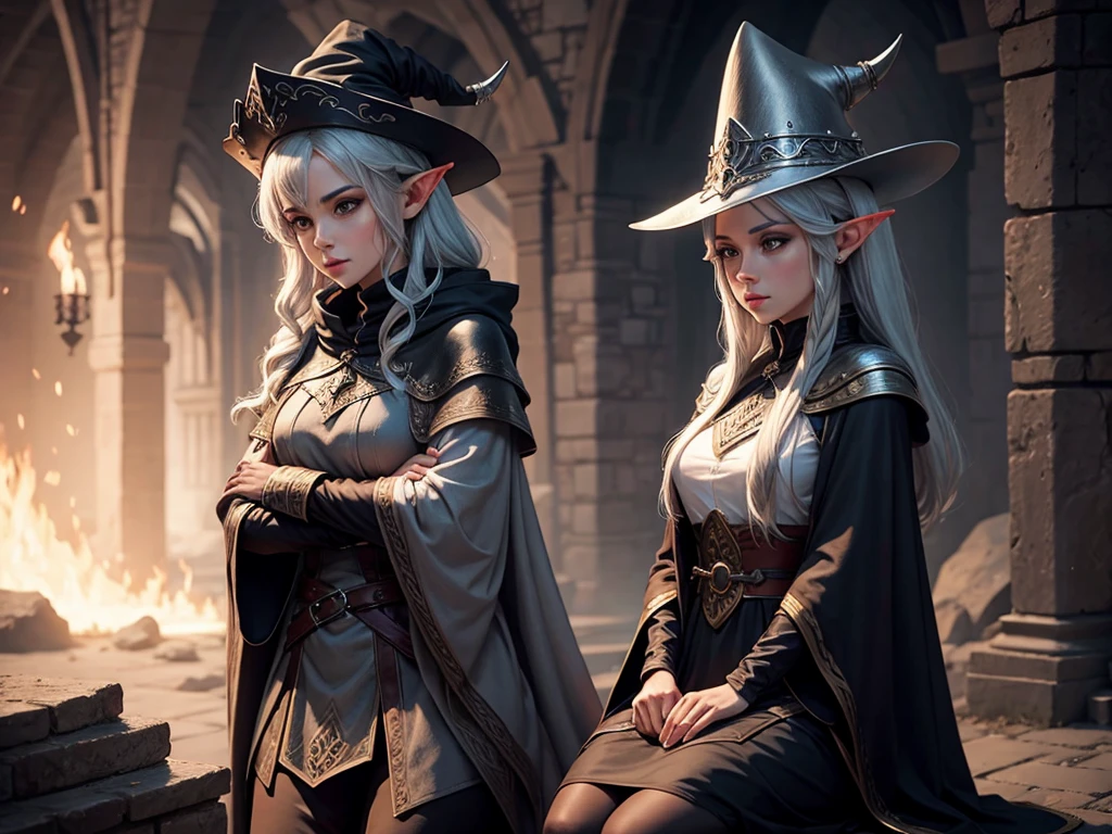medieval setting, full view of body, 1 female elf mage,beatiful smokey eyes, silver hair, black mage robe with gambeson, wizard hat, leather boots