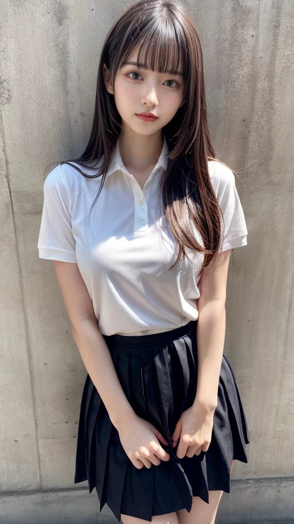 masterpiece, best quality, illustration, Super detailed, fine details, High resolution, 8K,wall paper, perfect dynamic composition, front view,full body, 18 year old girl, Gravure Idol, cute type, (Details High quality, realistic depiction of eyes:1.3), revealing clothes, straight hair, bangs, black hair color, Big Natural Color Lip, perfect body shape, plump figure,polo shirt, pleated skirt, mini skirt