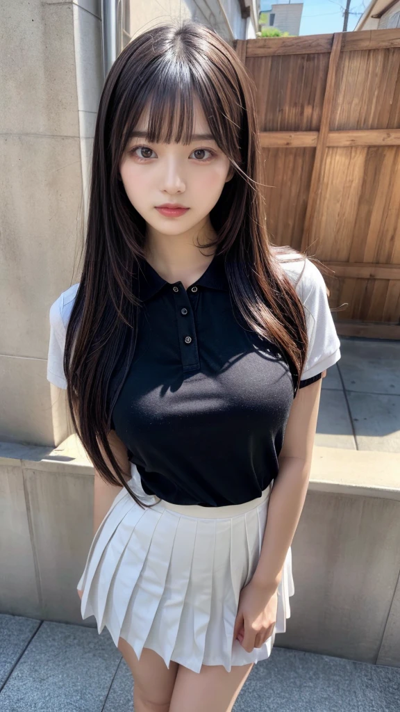 masterpiece, best quality, illustration, Super detailed, fine details, High resolution, 8K,wall paper, perfect dynamic composition, front view,full body, 18 year old girl, Gravure Idol, cute type, (Details High quality, realistic depiction of eyes:1.3), revealing clothes, straight hair, bangs, black hair color, Big Natural Color Lip, perfect body shape, plump figure,polo shirt, pleated skirt, mini skirt