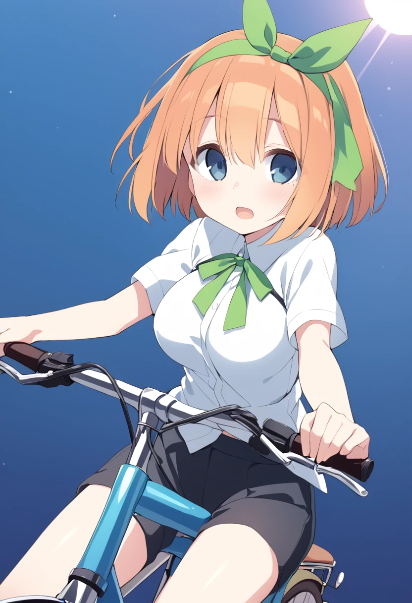 nakano yotsuba, bangs, short hair, blue eyes, hair between eyes, hair ribbon, hairband, orange hair, (green ribbon:1.5), ,, large breasts,, Riding a bike through the sky, solo nsfw early morning、 nipple,, empty eyes Shibuya