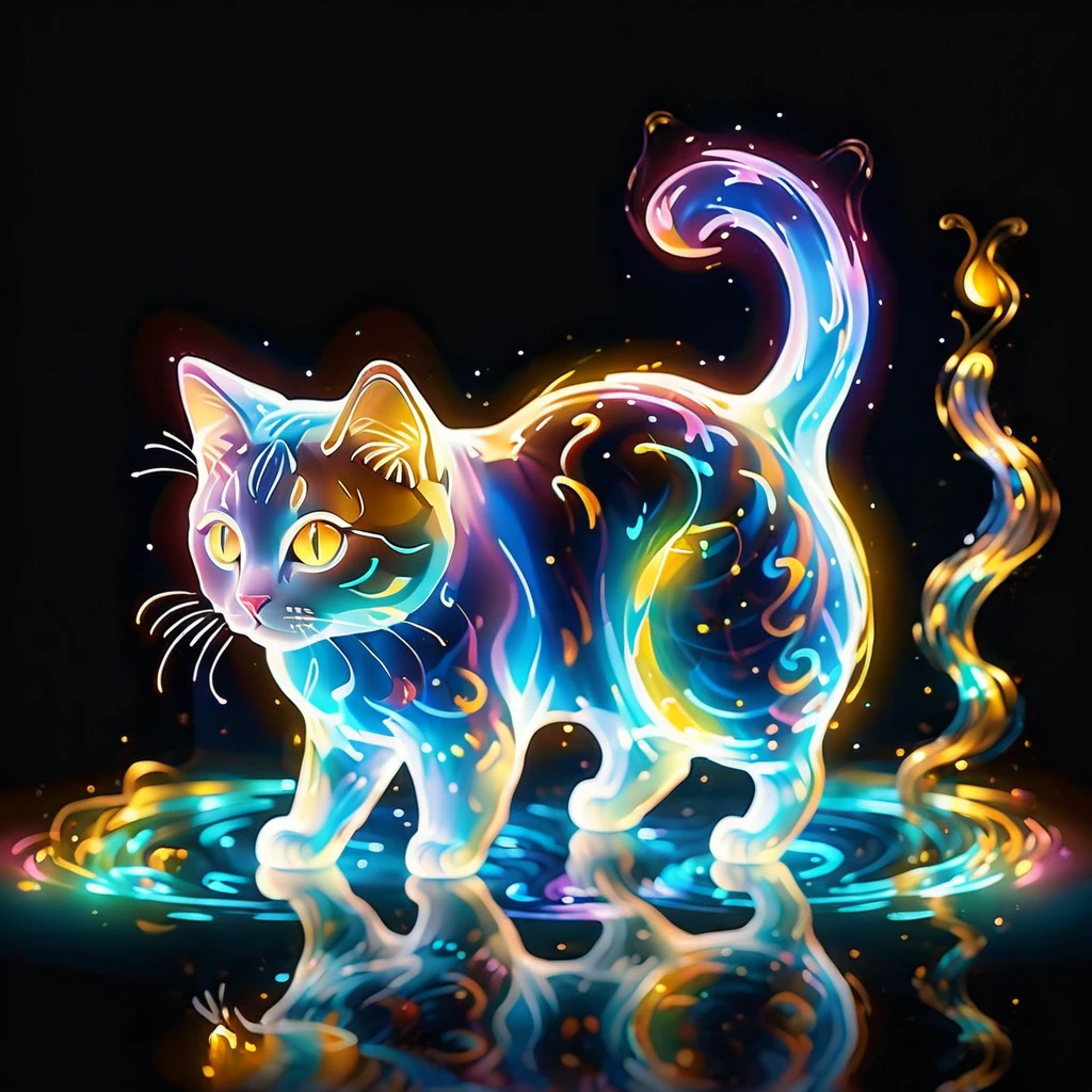 The glowing energy forms the shape of a cute cat, forming intricate patterns that ripple and change over time.
