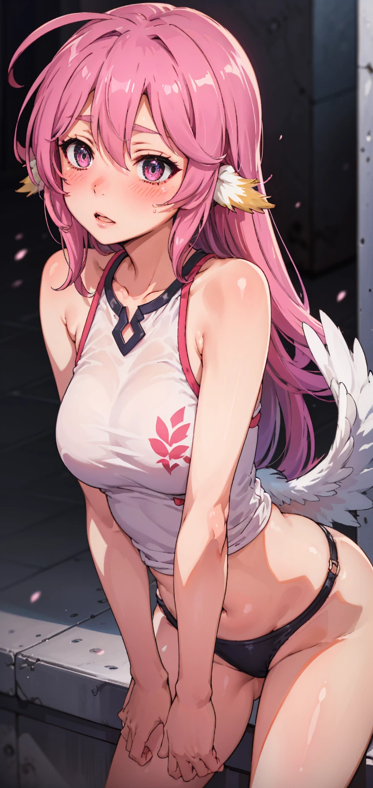 Jibril, (standing straight), blushed, perfect anatomy, detailed eyes, detailed lips, extremely detailed eyes and face, vivid colors, sharp focus, masterpiece:1.2, ultra-detailed, blushed, ((doggystyle)), (solo), sleeveless, fashion.