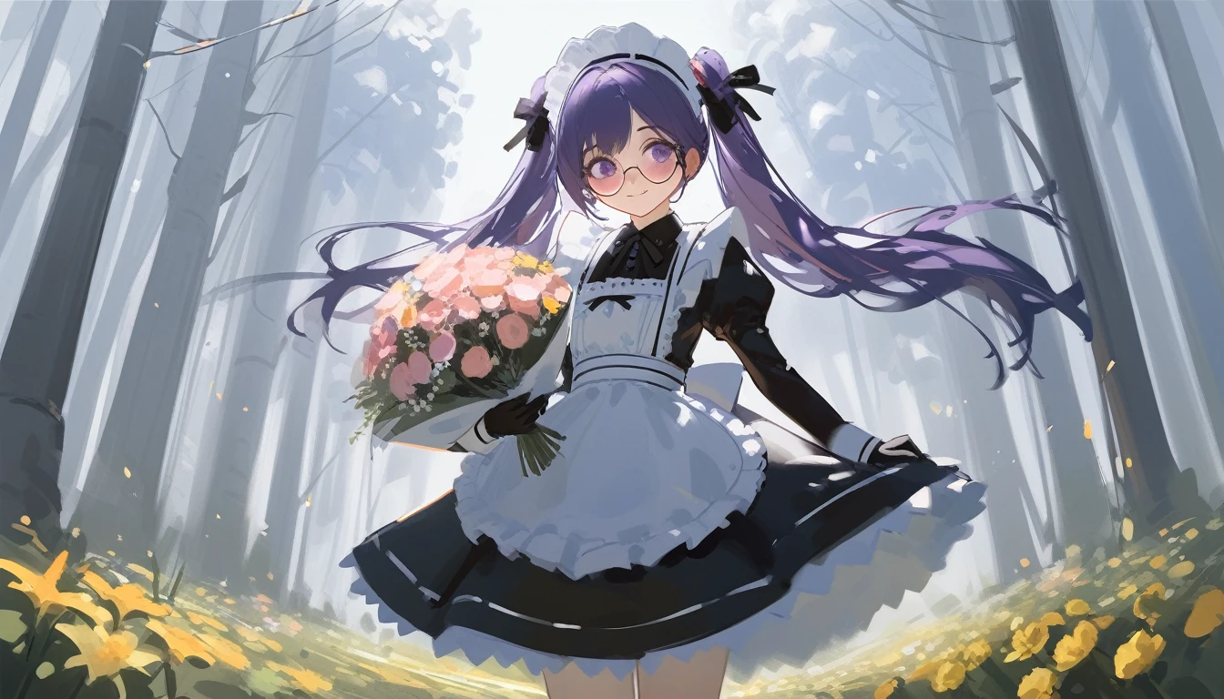 Ciloranko, wlop, 1girl, 独奏, flower, bouquet, purple eyes, maid headdress, looking at viewer, maid, apron, full body, long hair, twintails, holding, white background, long sleeves, holding bouquet, dress, bow, juliet sleeves, puffy sleeves, blush, Spring Flowering Forest, parted lips, frills, ribbon, two side up, hair bow, maid apron one girl, super high quality, Super Detail, Super Detailed image, long hair, looking at viewer, skirt, shirt, hair ornament, violet eyes,black gloves, round glasses, long sleeves,violet hair, round glasses, Flat Chest, smile