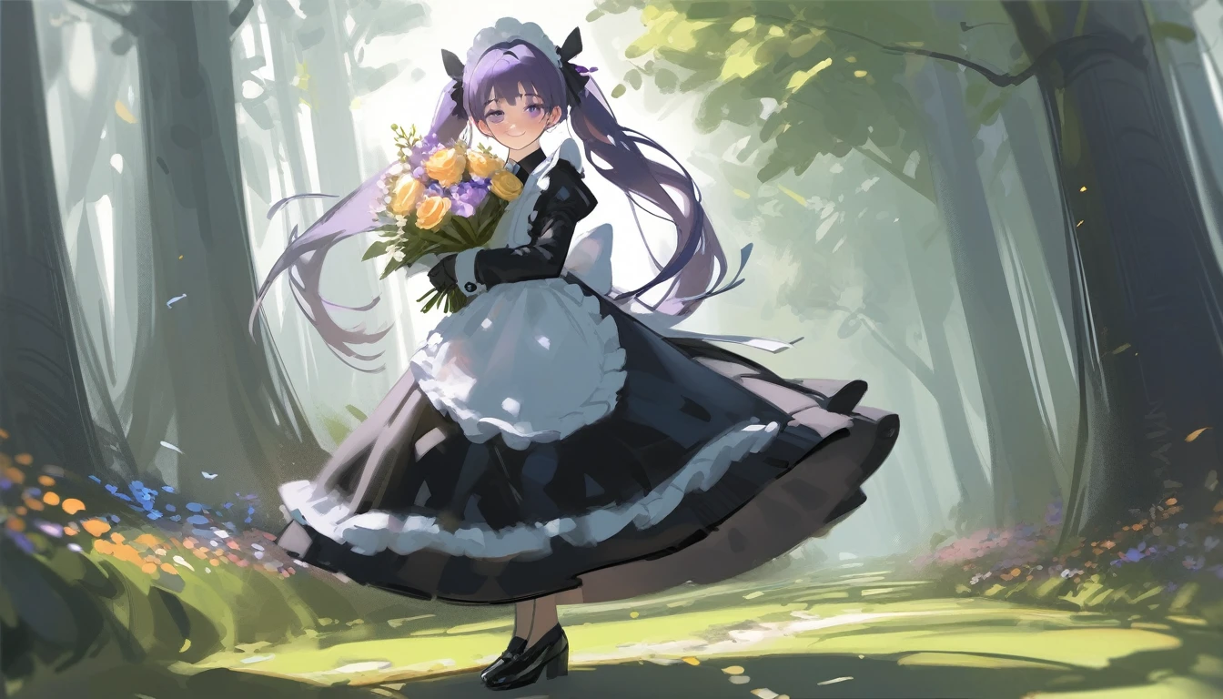 Ciloranko, wlop, 1girl, 独奏, flower, bouquet, purple eyes, maid headdress, looking at viewer, maid, apron, full body, long hair, twintails, holding, white background, long sleeves, holding bouquet, dress, bow, juliet sleeves, y sleeves, blush, Spring Flowering Forest, parted lips, frills, ribbon, two side up, hair bow, maid apron one girl, super high quality, Super Detail, Super Detailed image, long hair, looking at viewer, skirt, shirt, hair ornament, violet eyes,black gloves, round glasses, long sleeves,violet hair, round glasses, Flat Chest, smile