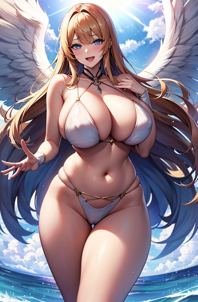 最high quality, high quality, 8K、High resolution,Highest quality、solo、胸に翼のある白いビキニ姿のtallのadult female angelを下から、Very beautiful proportions、belly button、Thighs、tall、Adult woman in a white bikini, Archangel Style、super Wild Angel, A happy open-mouthed smile、Thighs、Naturally Shaped Fingers、Long neck、from the front、Looking at each other, our eyes met、Exposed belly、Blonde hair and blue eyes、Majestic Angel, Anime Goddess, Wild Angel, from the front、thick, Beautiful and attractive anime woman, Huge and stunning goddess shots, Angel Adult Woman, adult female angel, She has angel wings on her back,Highly detailed goddess shot