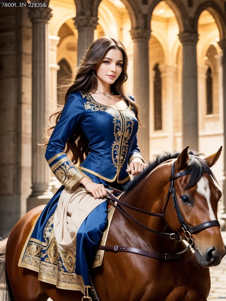 a beautiful woman, perfect figure, narrow waist, long chestnut hair, beautiful detailed eyes, long eyelashes, lustrous detailed lips, beautiful skin, beautiful smile, fashion model, attractive ornate clothing, cinematic scene, medieval European nobility, riding a horse, (best quality,4k,8k,highres,masterpiece:1.2),ultra-detailed,(realistic,photorealistic,photo-realistic:1.37)