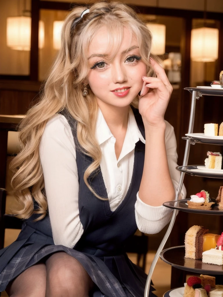 masterpiece,best quality,higher, Super sexy super cute Japanese girl、Hot, erotic and sexy lips、Big eyes、Drooping eyearilyn (;marilyn monroe face)、ASİAN,(brown race),dark skin,Dark brown, loosely wavy llong hair,1girl,NDGE、ponytail、Super big、sexual excitement、(((Japanese school girl uniform、High-end cafe、Afternoon tea)))、(((Super big)))Cute smile