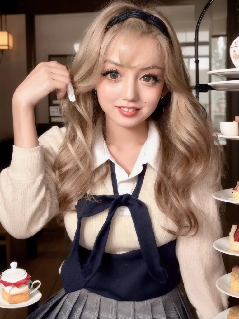 masterpiece,best quality,higher, Super sexy super cute Japanese girl、Hot, erotic and sexy lips、Big eyes、Drooping eyearilyn (;marilyn monroe face)、ASİAN,(brown race),dark skin,Dark brown, loosely wavy llong hair,1girl,NDGE、ponytail、Super big、sexual excitement、(((Japanese school girl uniform、High-end cafe、Afternoon tea)))、(((Super big)))Cute smile