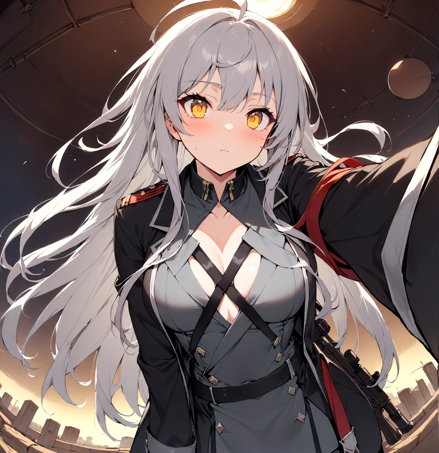 Secret Societies、propaganda、(masterpiece, best quality:1.2),Expressionless、 1girl, 独奏,Black military uniform、Grey long hair、Ahoge、Yellow Eyes、Ready your gun?、sniper rifle、Background of military bases、Fisheye Lens(masterpiece, best quality:1.2),Expressionless、 1girl, 独奏,Black military uniform、Grey long hair、Ahoge、Yellow Eyes、Ready your gun?、sniper rifle、Background of military bases、Fisheye Lens