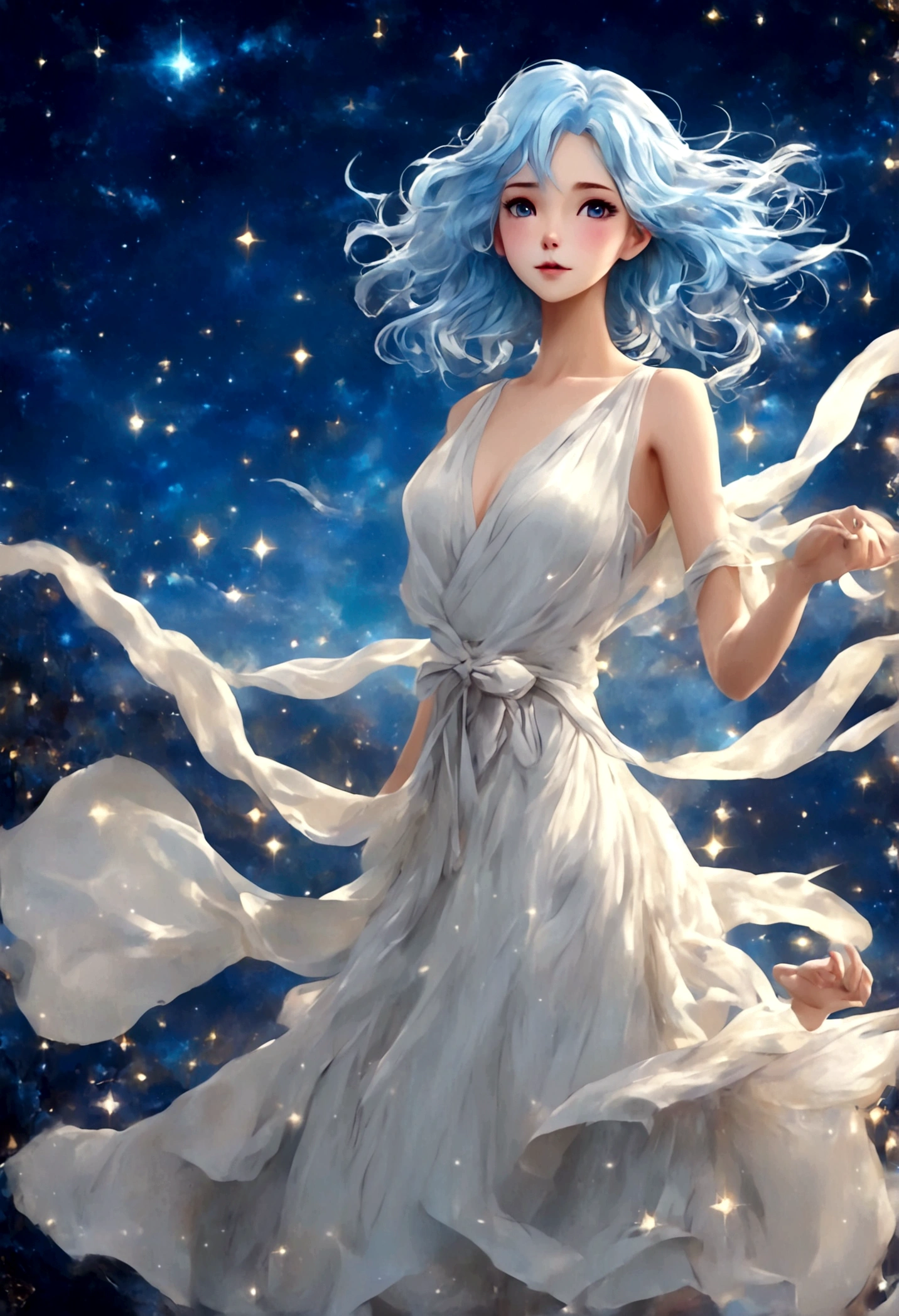 Character (adult woman) (light blue hair) (white dress-style clothing) (character in dynamic pose) (full body in frame) (starry night sky background)