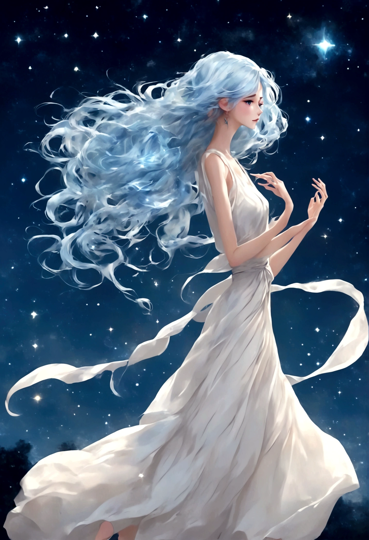 Character (adult woman) (light blue hair) (white dress-style clothing) (character in dynamic pose) (full body in frame) (starry night sky background)