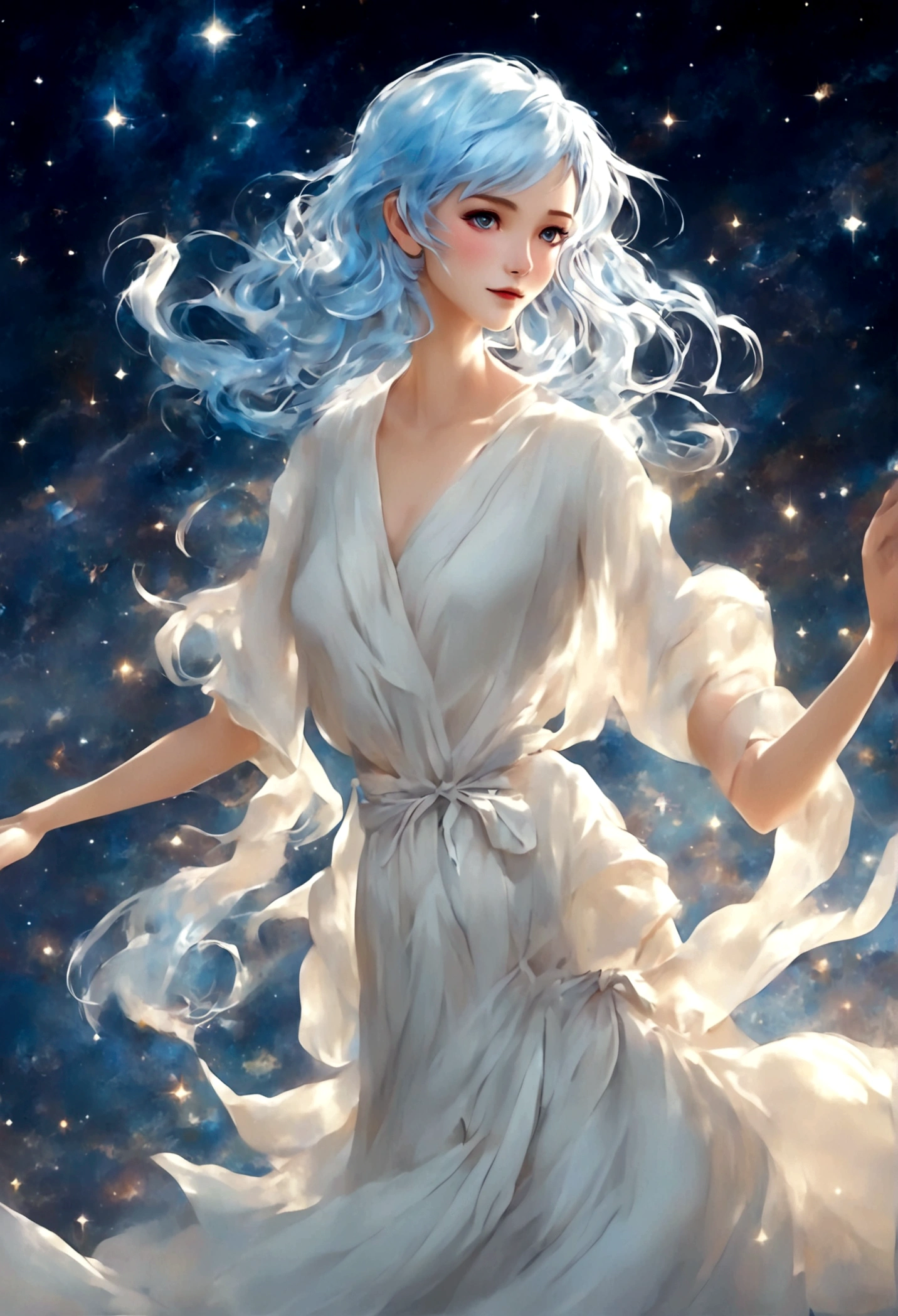 Character (adult woman) (light blue hair) (white dress-style clothing) (character in dynamic pose) (full body in frame) (starry night sky background)