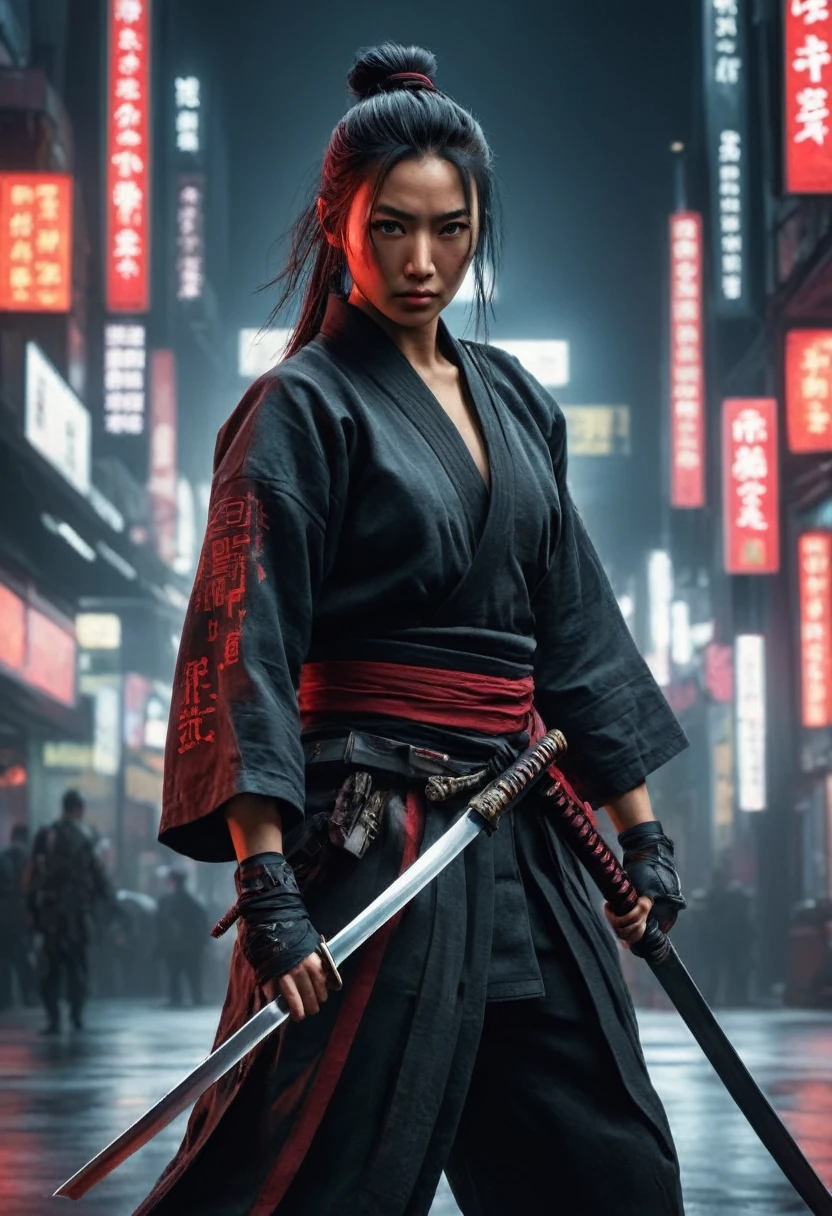 Samurai, hyperrealism, very detailed skin, 4k, inkpunk style, great lighting, cyberpunk style,, katana illustration, concept art, full body shot, cinematic, promotional art, dramatic lighting, One hand holding a katana，fighting，Dodge，avoid，lifelike，photorealism：1.37），bright colors，clear focus，Defocused，（fantasy：1.2），（dynamic poses：1.37），（intense gaze），（Extraordinary power），（the power of myth），black and red，Wounds on the body