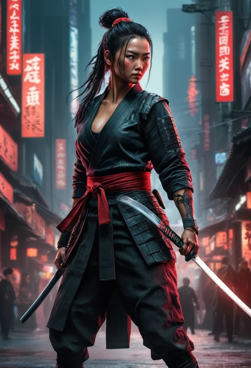 Samurai, hyperrealism, very detailed skin, 4k, inkpunk style, great lighting, cyberpunk style,, katana illustration, concept art, full body shot, cinematic, promotional art, dramatic lighting, One hand holding a katana，fighting，Dodge，avoid，lifelike，photorealism：1.37），bright colors，clear focus，Defocused，（fantasy：1.2），（dynamic poses：1.37），（intense gaze），（Extraordinary power），（the power of myth），black and red，Wounds on the body