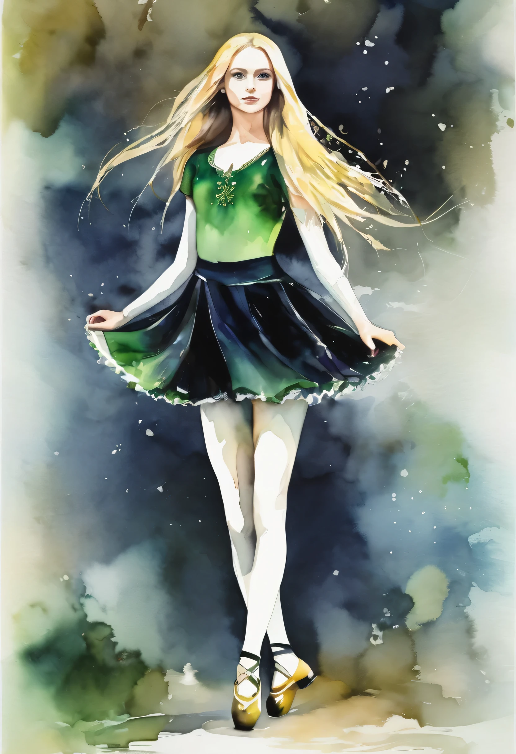 Irish Dance、Irish Dance Girl、Northern Irish national costume、Black tights、Long, Slender legs、Blonde Long Hair、Watercolor style、watercolor、Dark Dance Hall Background、Highest quality、Ultra-high resolution、Golden Ratio