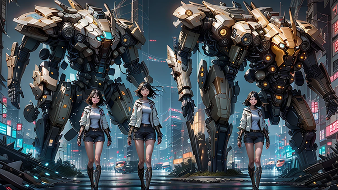 Boutique,best quality,Gold jewelry,(slip out feet),Fairy skin,(Fidelity :1.2),Standing,Super Detailed,realistic,High quality,Movie Light,Ray tracking,Ultra HD,Upper body
Girl in shorts and jacket standing next to giant robot, Guweiz style artwork, CyberPunk mech, Trends on CGSTATION, Guweiz, Russell Dongjun Lu, digital cyberpunk anime art, Ross Tran 8 K, Guweiz on ArtStation Pixiv, Girl in mecha network armor